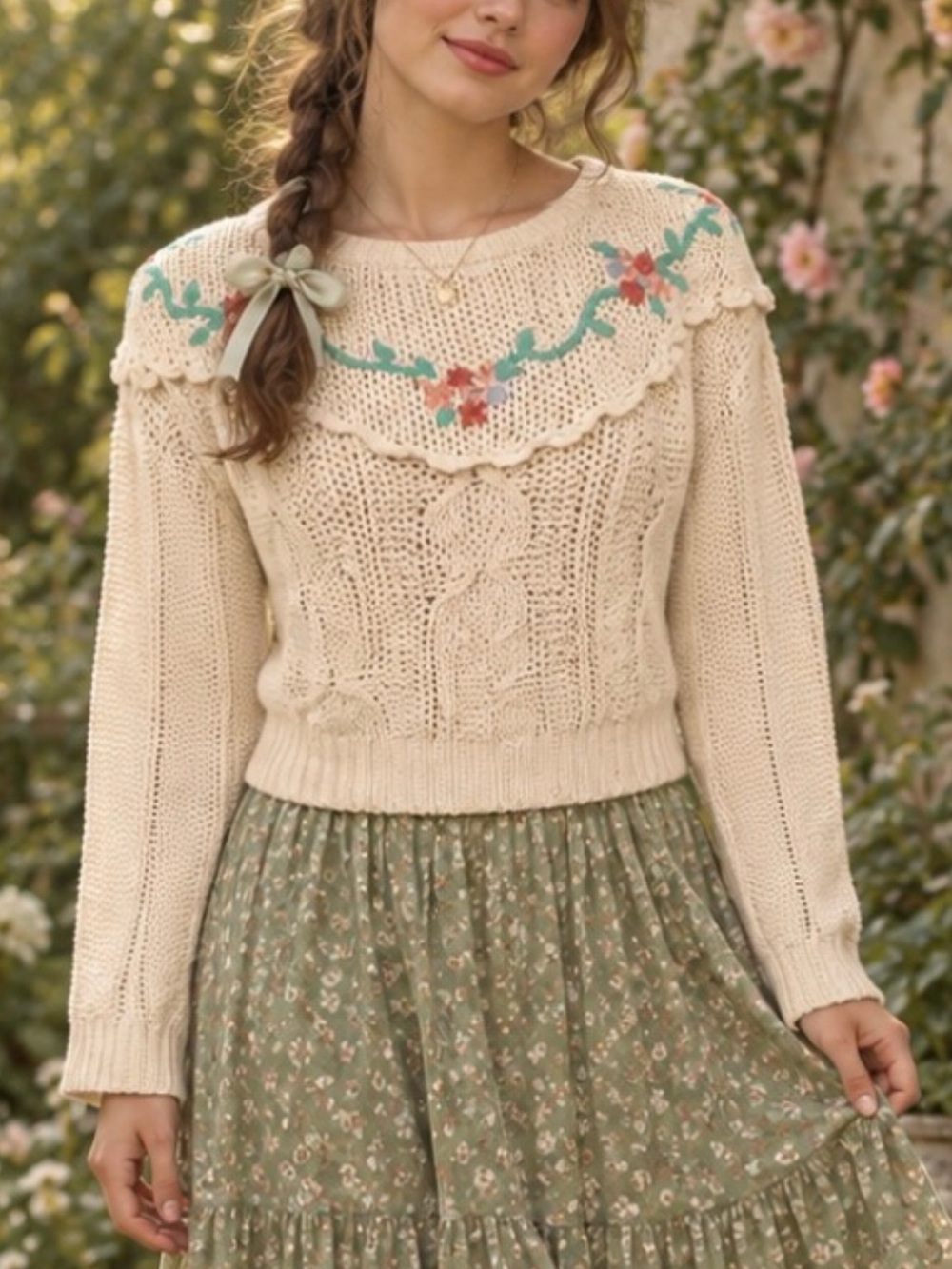 Vintage Floral Crocheted embroidered Sweater Grannycore Kawaii Sz S feminine